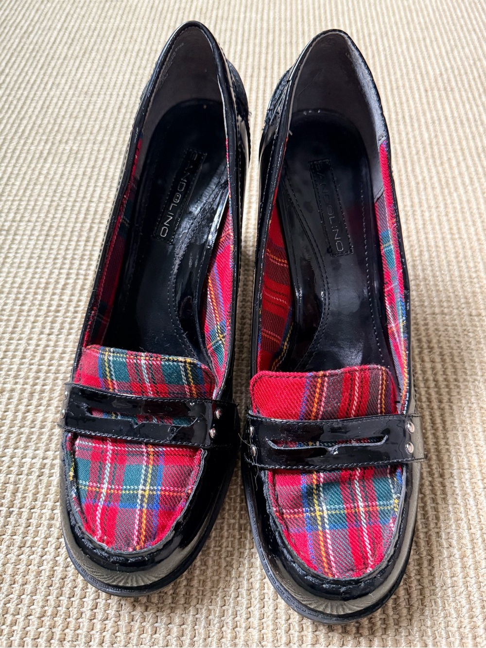 Bandolino Red Plaid Patent Trim Heeled Loafers